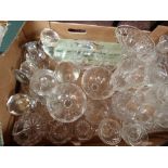 Box of glassware including a 19th century ale glass, Dickens character door plates,