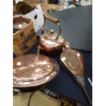 A 19th Century copper kettle, a copper warming pan and a pair of carved oak bellows (3)