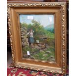 Oil on carboard. Yoma girl with pail and water tub. Signed G.H.Knowles gilt frame