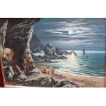 T Crawshaw 'The Smugglers Cave' a moonlit coastal scene with smugglers bringing their booty ashore,