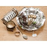 A Birmingham silver napkin ring, Viners milk jug, four bronze spoons, chrome plated cake dish,