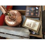 A copper kettle, Victorian ink well desk stand, flatware and coins, etc