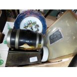 A small collection of assorted items, including barrel, a pair of cabinet plates, a tin etc., a