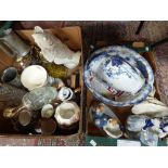 Two boxes of ceramics to include wash bowl and jug, decanters etc