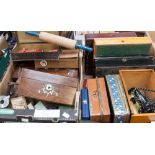 A contemporary inlaid writing slope, with a sewing box, a collection of metal boxes, cutlery boxes,