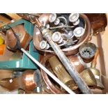 A cased canteen of EPNS cutlery with assorted brass and copper ware including copper kettle, coal