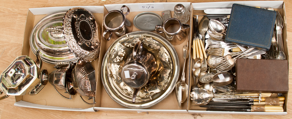 Three boxes of silver plate including entree dishes, tea wares, dishes, cutlery, etc (3)