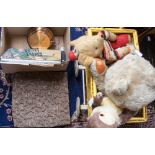 A painted wicker dolls pram containing a Merrythought Thumper, a large pale golden plush bear