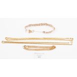 A ladies 9ct gold bracelet and two 9ct gold choker necklaces, 19 grams approx (4)