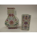 Two oriental porcelain vases, one of square form the other flatten baluster, famille rose,