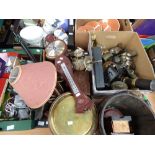 Two boxes of metalwares, etc; miners lamp; horse brasses; copper and brass warming pan; together