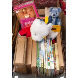 A box of Rupert Bear related items, including annuals, soft toys, Wedgwood plate,