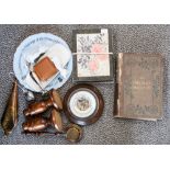 A parcel lot to include barometer, cigarette cards, brassware, etc and a box of ephemera to include