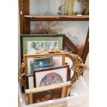 A gilt frame mirror, tapestry, prints, oil, etc (one box and two large pictures)