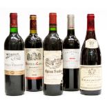Five bottles of red wine: Chateau Beaulieu 1995, Chateau Champion, St Emilion 1997, Calvet Claret