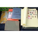 A box of stamps, in albums and on pages; postcard album, cigarette cards and OS maps