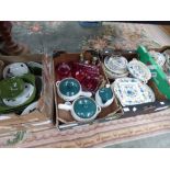 Four boxes of ceramics to include Masons, Regency dinner service, Midwinter, Denby, Goebel figures