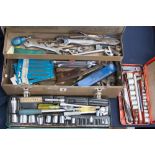 Two socket sets in boxes. One toolbox including spanners (3 boxes)