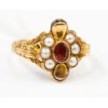 A high carat gold ring set with pearls and Georgian with foil backed garnet