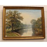 James D Preston, oil on canvas, depicting the Church at Duffield besides the River Derwent, with a