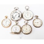 A chronograph silver cased pocket watch, three other silver cased pocket watches, a