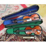 Maidstone 3/4 size violin in case, another violin in case with bow and a music stand.