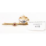 An Art Deco style sapphire and diamond ring, together with a 9ct garnet and pearl bar brooch