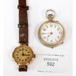 A rose gold cased Edwardian ladies wristwatch and a ladies pocket watch (2)