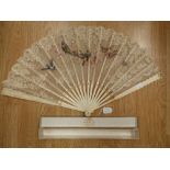A Victorian bone and painted lace fan by Nahtalie of Sloane Street, London in original box