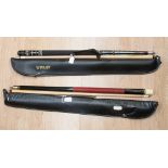 A Riley two piece pool/snooker cue, signed; together with an Ebonile two piece cue, cased (2)