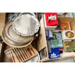 A box of Queen Anne silver plate, etc, mostly boxed to include toast rack, trays, cups, butter