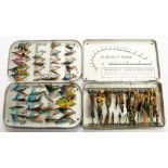 Wheatley Kilroy fly box containing salmon flies. Wheatley fly box containing sea trout flies.