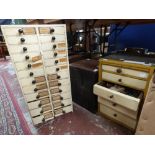 Three wooden collectors cabinet, with contents; watch repairs and precision engineering (3)