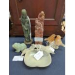 A collection of five Oriental carved stone items, comprising jade frog, pair of tits, soapstone