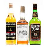 Auchentoshan pure malt whisky, Queen Anne rare scotch whisky and a bottle of Southern Comfort