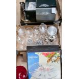 Three boxes of assorted glass to include decanters, etc