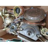 A box of metal ware including kettle, etc