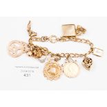 A 9ct gold charm bracelet suspending twelve charms and a sovereign in mount, 1895, 66.