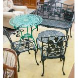 An olive green aluminum garden bench, a pair of chairs and a matching table,