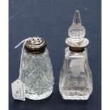 A cut glass sugar castor with a Birmingham 1922 silver top; together with a silver (1908) collared