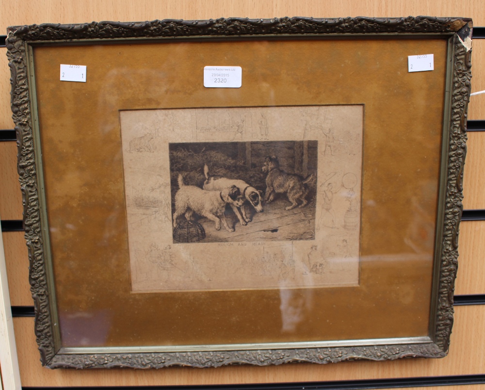 A framed etching entitled Rough and Ready, depicting three days in a barn setting, mounted and