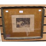 A framed etching entitled Rough and Ready, depicting three days in a barn setting, mounted and