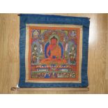 An early 20th century Tibetan wall hanging, painted on paper, mounted on silk, overall size 55cm x