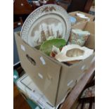 Two boxes of ceramics to include Wedgwood commemorative plates, 'sailing ships of the U.S', Masons,