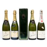 Five bottles of Champagne including Pol Roger white top extra Cuvée, Moet and Chandon demi-sec,