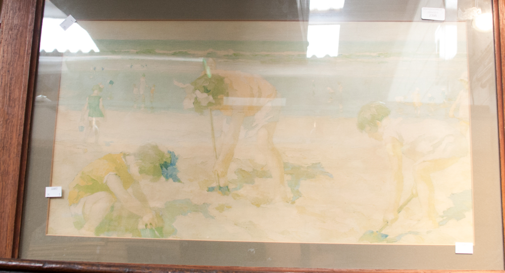***VH TO REOFFER APRIL £10/20*** A 1930s children's beach scene print fitted in a 1930s oak frame