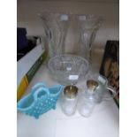 A pair of large cut glass vases (measuring approx 31 cms - 12 inches high) with assorted glass ware
