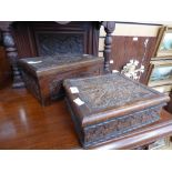 Two arts and crafts style carved wooden boxes by Wilson of Great Hucklow, Derbyshire,