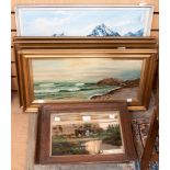 A collection of oil paintings, including seascape by D.