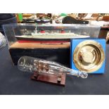 A boxed model of S.S. France - the largest liner in the world, with a boxed glass Galleon and a